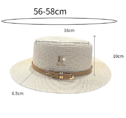 Summer Sun Hat Flat Top Straw Hats for Women New Metal R Letter Fashionable Beach Sun Hat Females Travel Holidays Boater Hat Good Vibrations