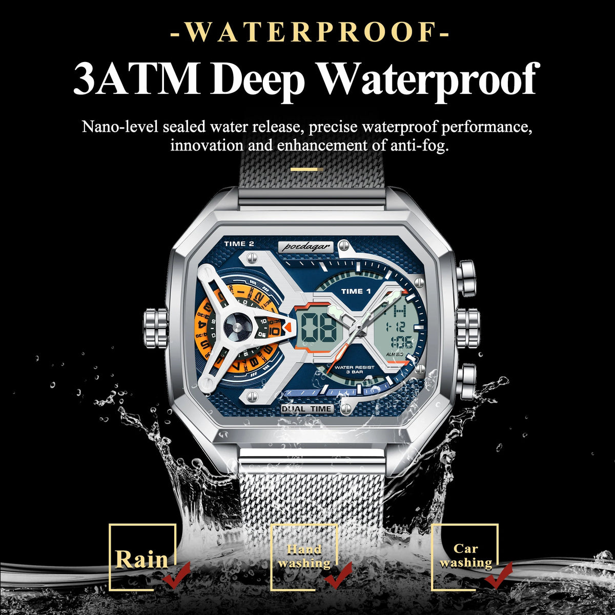 POEDAGAR Top Fashion Men Clock Rectangle Waterproof Date Week LED Man Watch Electronic Mesh Stainless Steel Quartz Men's Watches Good Vibrations