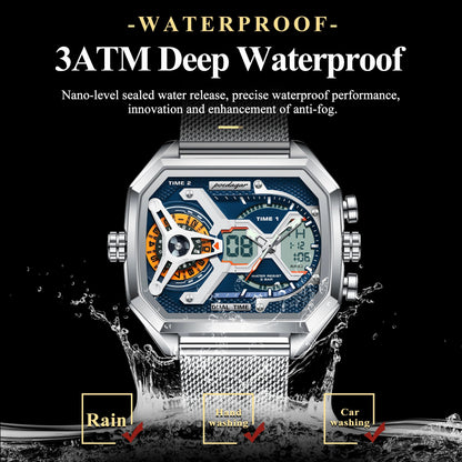 POEDAGAR Top Fashion Men Clock Rectangle Waterproof Date Week LED Man Watch Electronic Mesh Stainless Steel Quartz Men's Watches Good Vibrations
