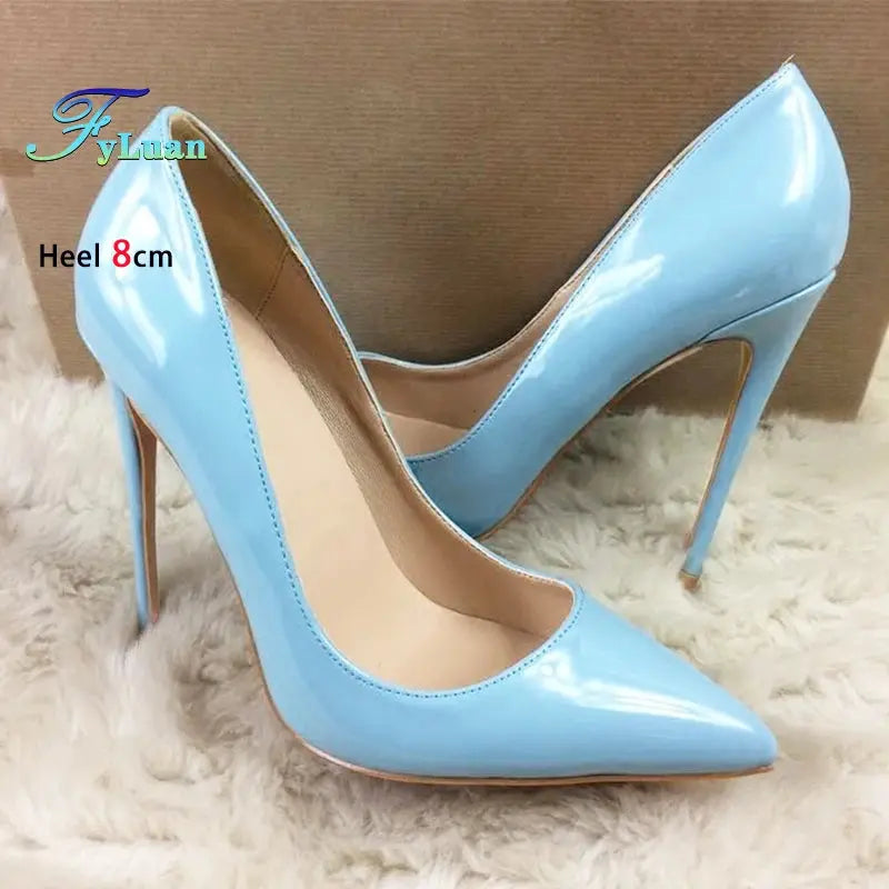 Women's 8CM 10CM 12CM Blue Pointed Toe High Heels 2025 New Elegant Temperament Party Single Shoes Solid Ladies Large Size Pumps Good Vibrations