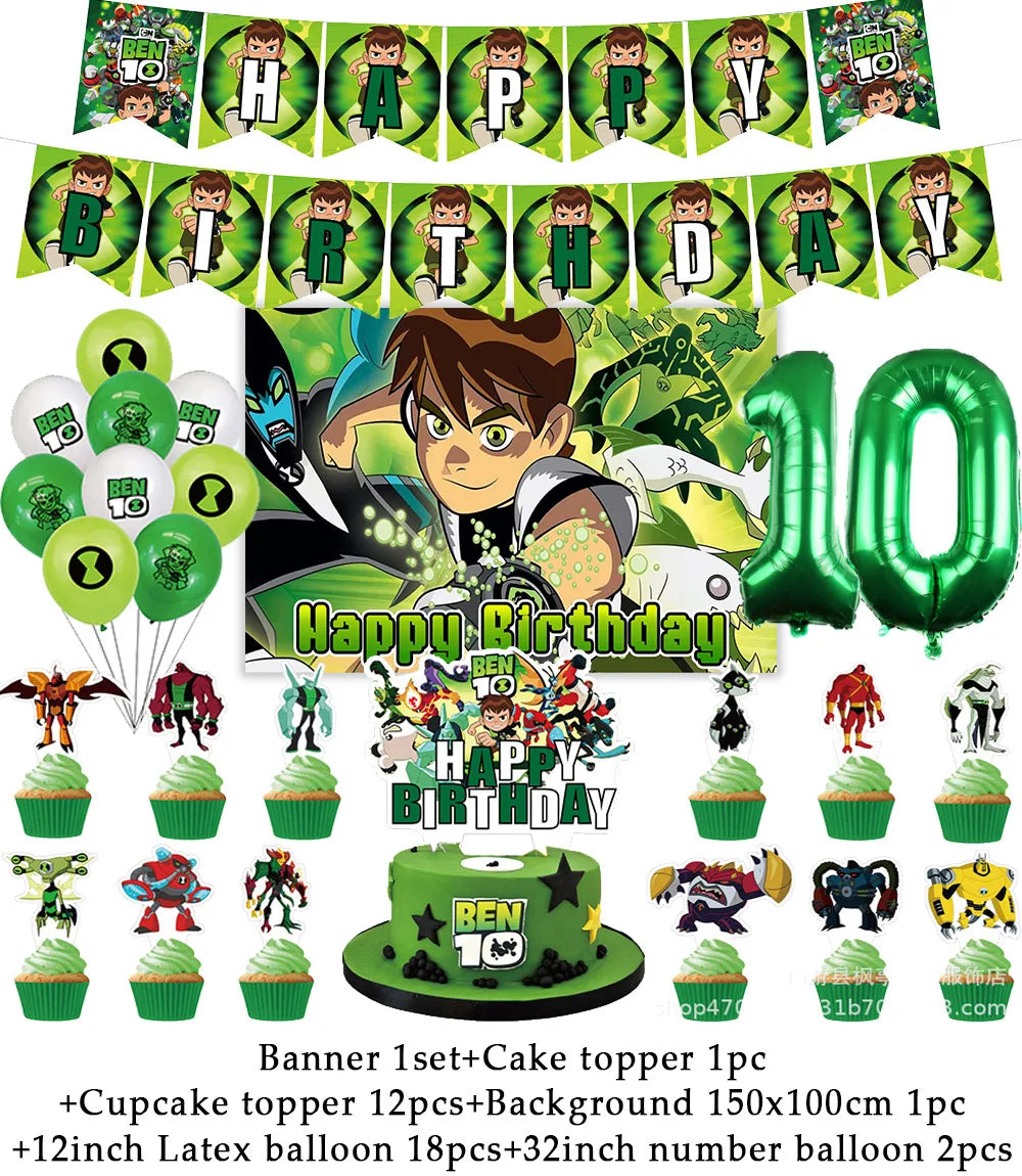 Cartoon Ben-10 Birthday Party Decoration Balloons Favor Set Banner Cake Toppers Baby Shower Boys Gift Party Supplies Photo Prop Good Vibrations
