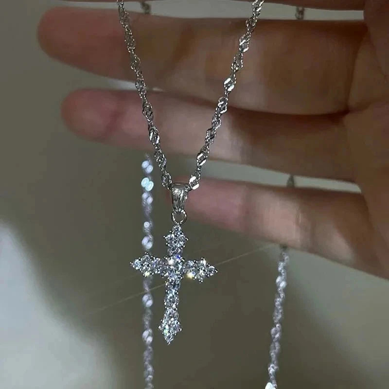 Shiny Crystal Zircon Cross Pendant Necklace for Women Girls Punk Silver Color Thin Chain Necklace Party Jewelry Birthday Gift Good Vibrations