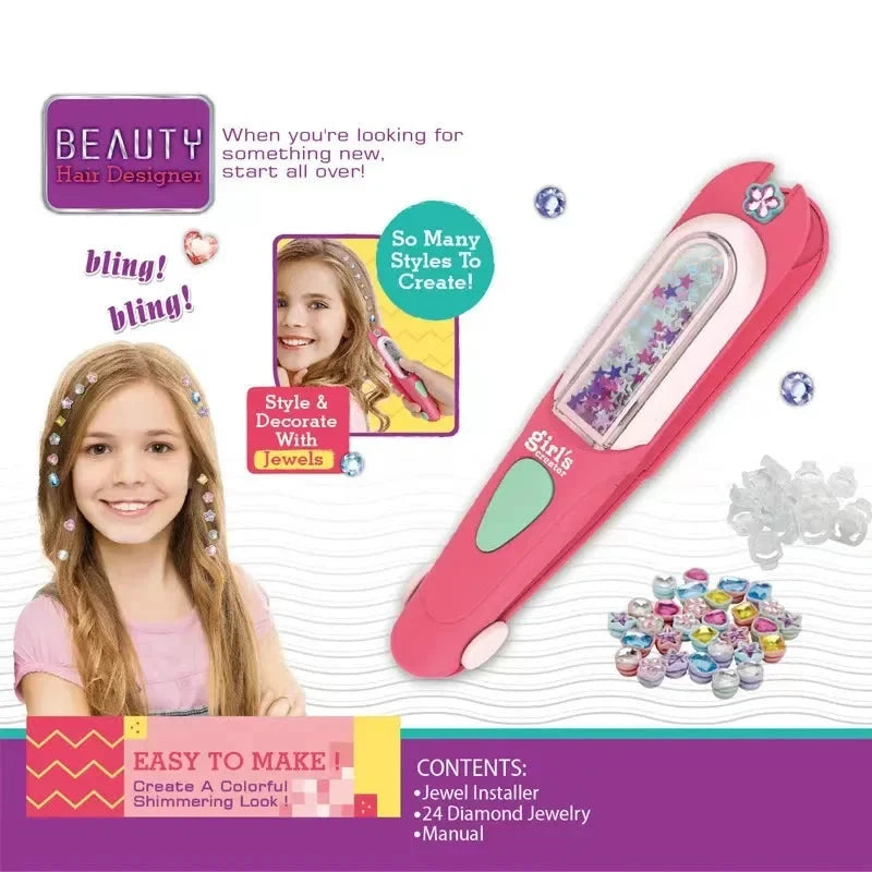 Hair Gem Stamper Kit Blingling Hair Jewels for Girls Toys Hair Styling Tool with Reusable Shining Diamonds Pretend Play Toy Gift Good Vibrations