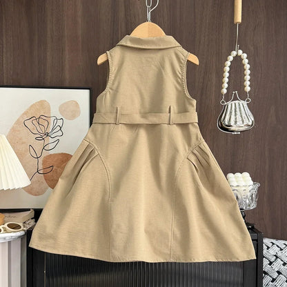 Korean Version Khaki Girls Casual Dresses Sleeveless Flip Collar Workwear Kids Dress Summer New Solid Color Children's Clothing Good Vibrations
