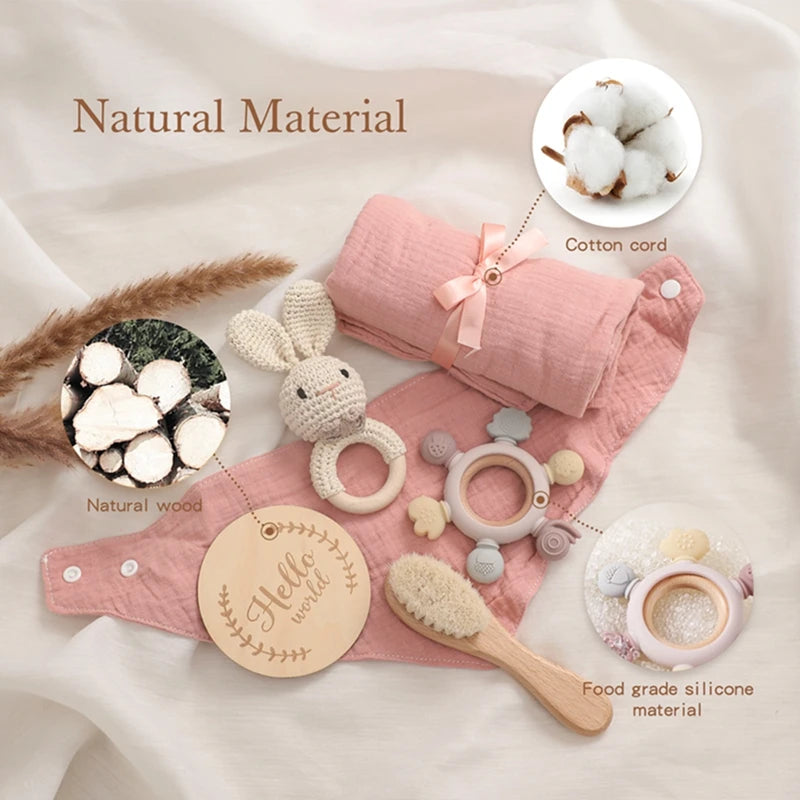 1Set Baby Bath Toy Set Food Grade Silicone Teether Toys Wooden Ring Crochet Rattle Milestones Card Bath Brush For Newborn Gift Good Vibrations