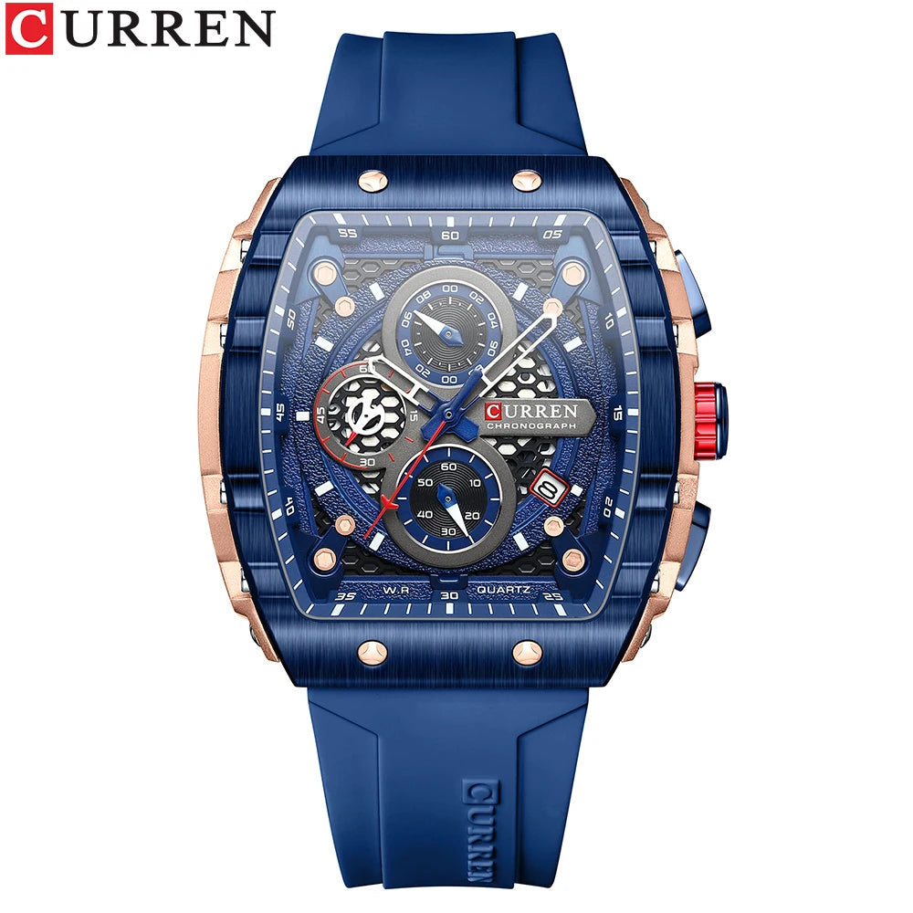 CURREN Sports Unique Rectangular Watches with Large Dial Casual Quartz Silicone Bands Wristwatches with Auto Date Good Vibrations