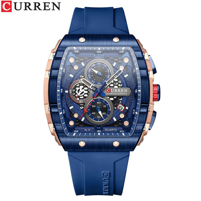 CURREN Sports Unique Rectangular Watches with Large Dial Casual Quartz Silicone Bands Wristwatches with Auto Date Good Vibrations