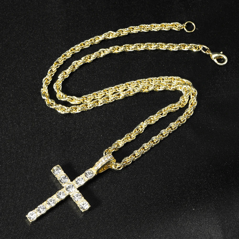 Hip Hop Iced Out Cross Pendant Necklace Strap 4mm Zircon Tennis Chain Men Women Sparkling Necklace Punk Jewelry Fashion Gift Good Vibrations