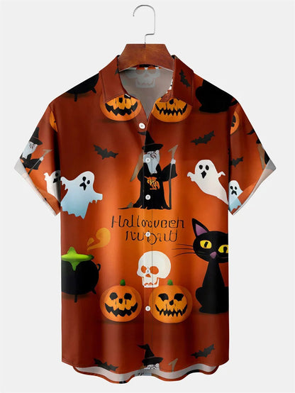 Men's Fashion Halloween Shirt Summer Cute Style Men's Clothing Party Holiday Men Top Pumpkin Head Print Boys' Short Sleeve Shirt Good Vibrations