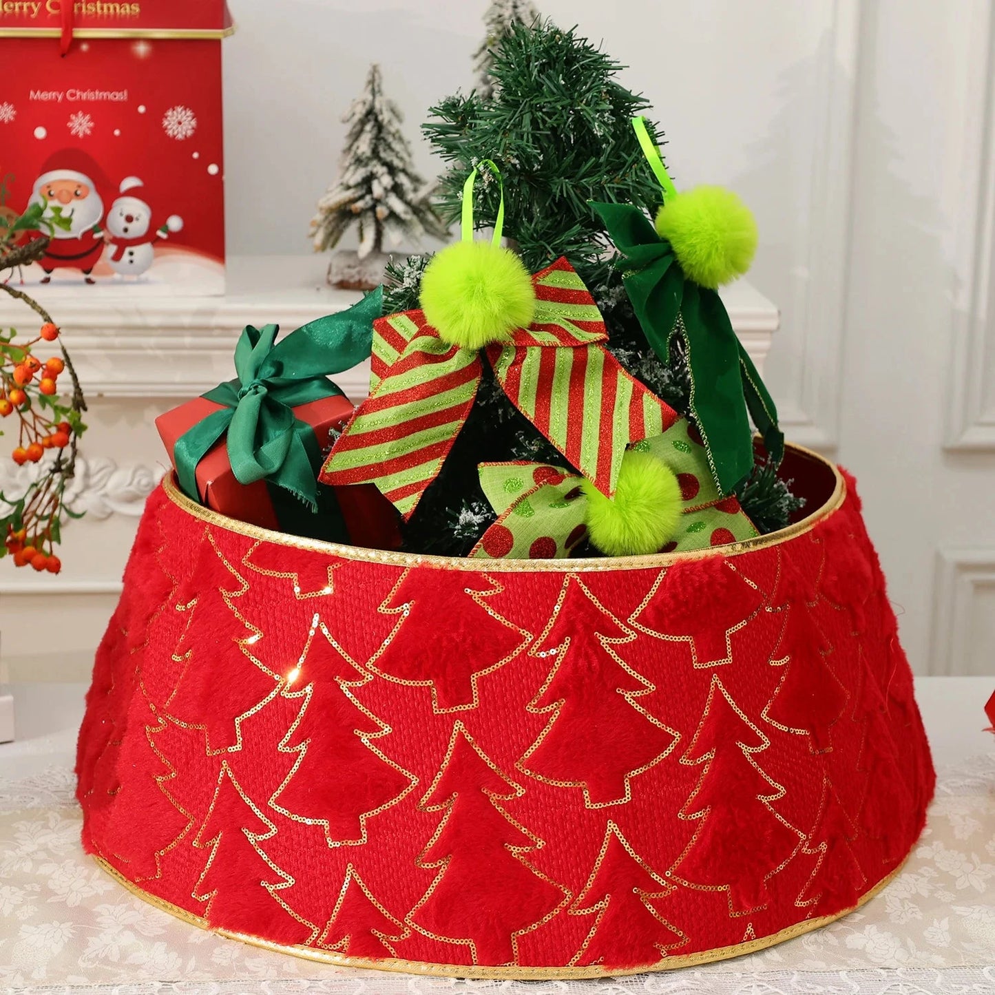 Christmas Tree Collar Red and Green Felt Decorations Tree Skirt Alternative Stereoscopic Tree Bottom Surrounder Party Display Good Vibrations