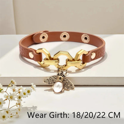 Charmsmic New Vivid Bee Pendant Charms Bracelets & Bangles For Women Punk Style Brown PU Leather Metal Button Jewelry 2024 Good Vibrations