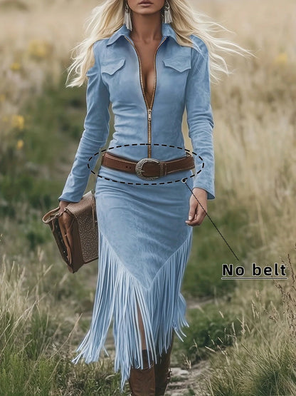 Autumn Winter Fashionable Western Denim Style Women's Dress Fashionable Solid Color Lapel Long Sleeve Suede Tassel Slim Dress Good Vibrations