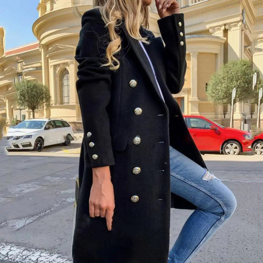 Women Wool Coat Autumn Winter Long Sleeve Pure Color Turn-Down Collar Double-breasted Women Overcoat Women Greatcoat Outerwear Good Vibrations