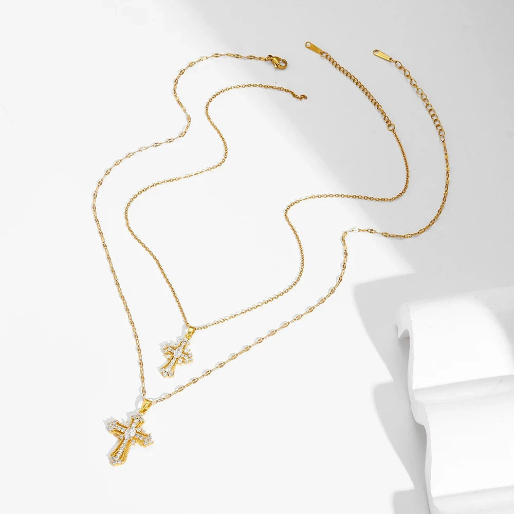 Women's European & American Retro Cross Pendant Necklace Stainless Steel Collarbone Chain Fashionable Light Luxury Jewelry Good Vibrations