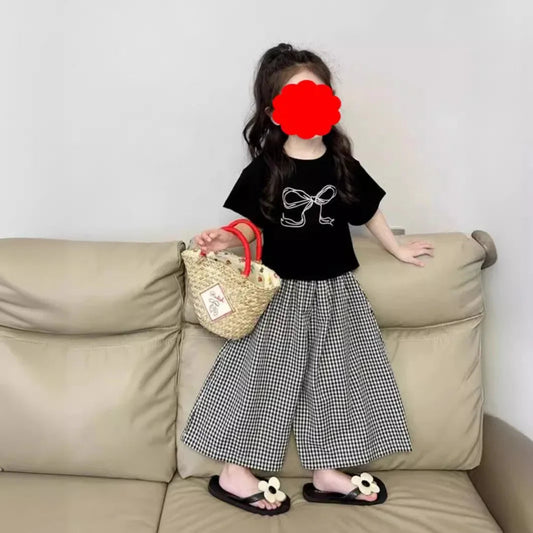 Children's Clothing Sets Bow-Patterned Polo Shirt + Tartan Palazzo Trousers 2pcs Sets Baby Girl Outfit Set Toddler Girl Clothes Good Vibrations