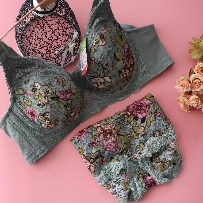 Women's Bra Set Sexy Lace Printed Embroidery Plus Size Full Cup Female Lingerie Suit 34 36 - 48 B C D E F Good Vibrations