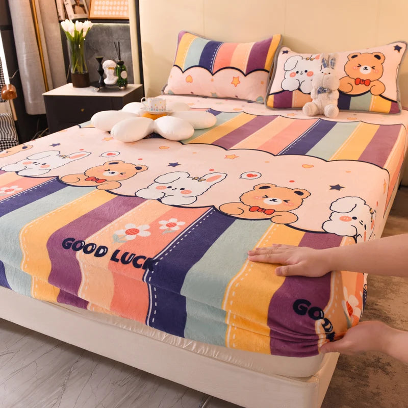 Queen Double Size Bed Sheet Polyester Elastic Fitted Sheet Velvet Soft Flannel Warm Mattress Cover King Full Twin Size Winter
