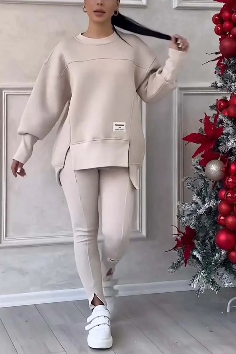 Women's Casual Sweatshirt Sports Set Autumn Winter Fashion Solid Loose Irregular Sweatshirt Top And Slim Trouser Two Piece Sets Good Vibrations