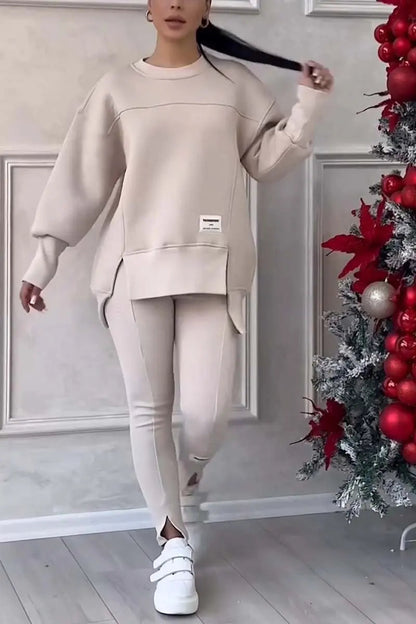 Women's Casual Sweatshirt Sports Set Autumn Winter Fashion Solid Loose Irregular Sweatshirt Top And Slim Trouser Two Piece Sets Good Vibrations