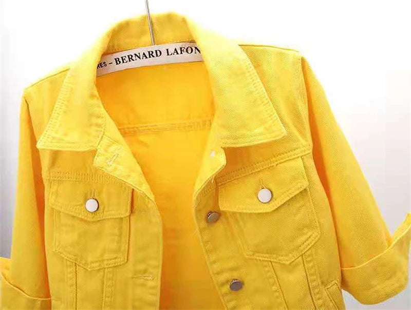 2024 New Women Spring Autumn Denim Jacket Tops Pink Color Solid Short Multicolor Feminino Three Quarter Sleeve Jean Jacket Good Vibrations