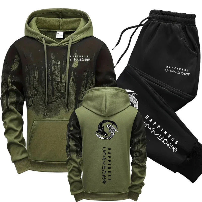 Japanese Fashion Men's Tracksuit Hoodies Sweatpants 2 Piece Set Fall&winter Daily Casual Sporty Jogging Suit Urban Trend Outfits Good Vibrations