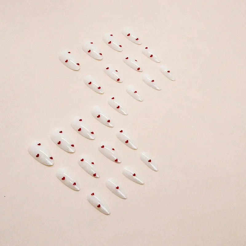 24PCS- white almond fake nails, red love pattern decoration, exquisite elegance, fashion generous, suitable for dating, dinner, Good Vibrations
