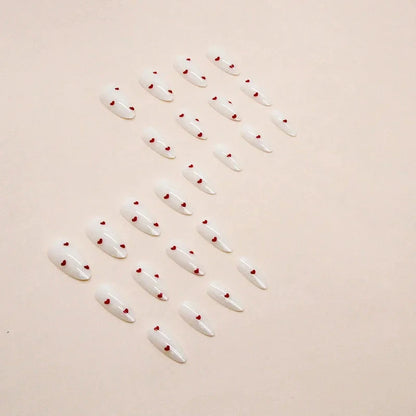 24PCS- white almond fake nails, red love pattern decoration, exquisite elegance, fashion generous, suitable for dating, dinner, Good Vibrations