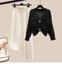 Two Piece Set For Women New In Sweater Matching Sets Korean Sweet Bow Outfit Long Sleeve Cardigan Knitwear Wide Leg Pants Set Good Vibrations