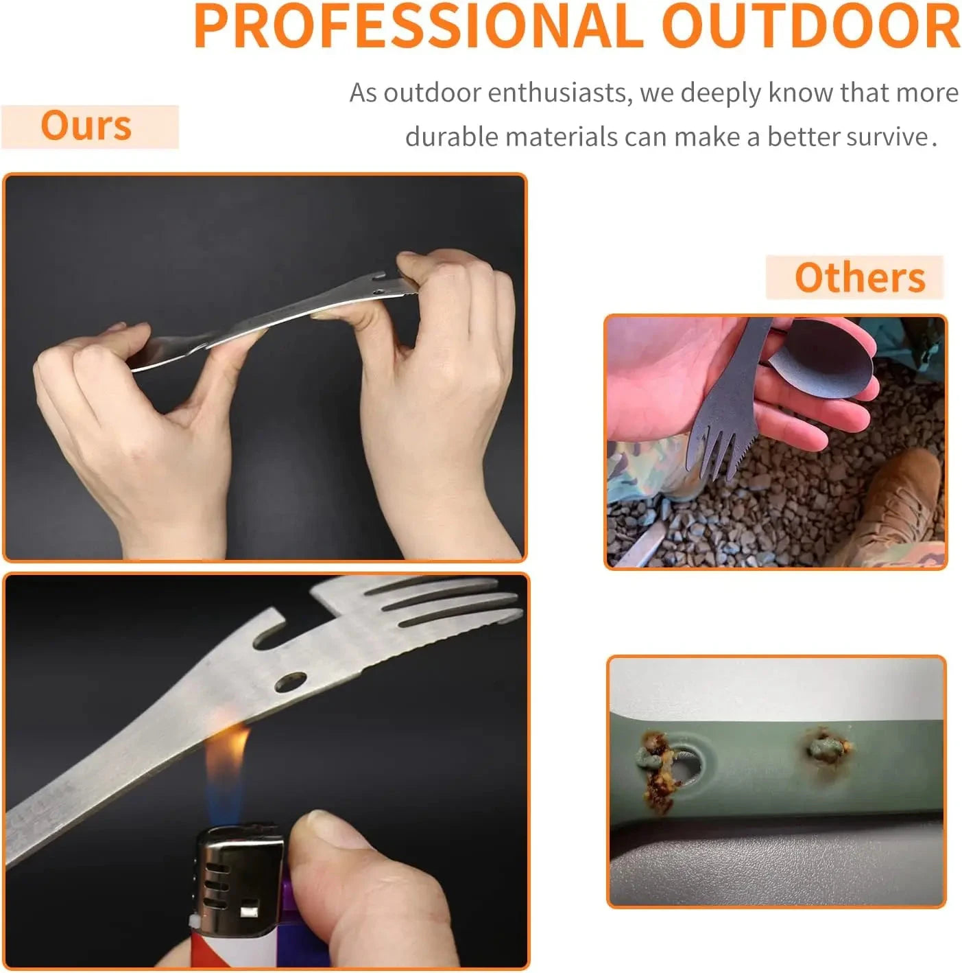 5-in-1 Utility Tactical Spork, Stainless Steel Spoon & Bottle Opener, Fork & Knife, Can Opener Combo Camping Utensil for Hiking Good Vibrations