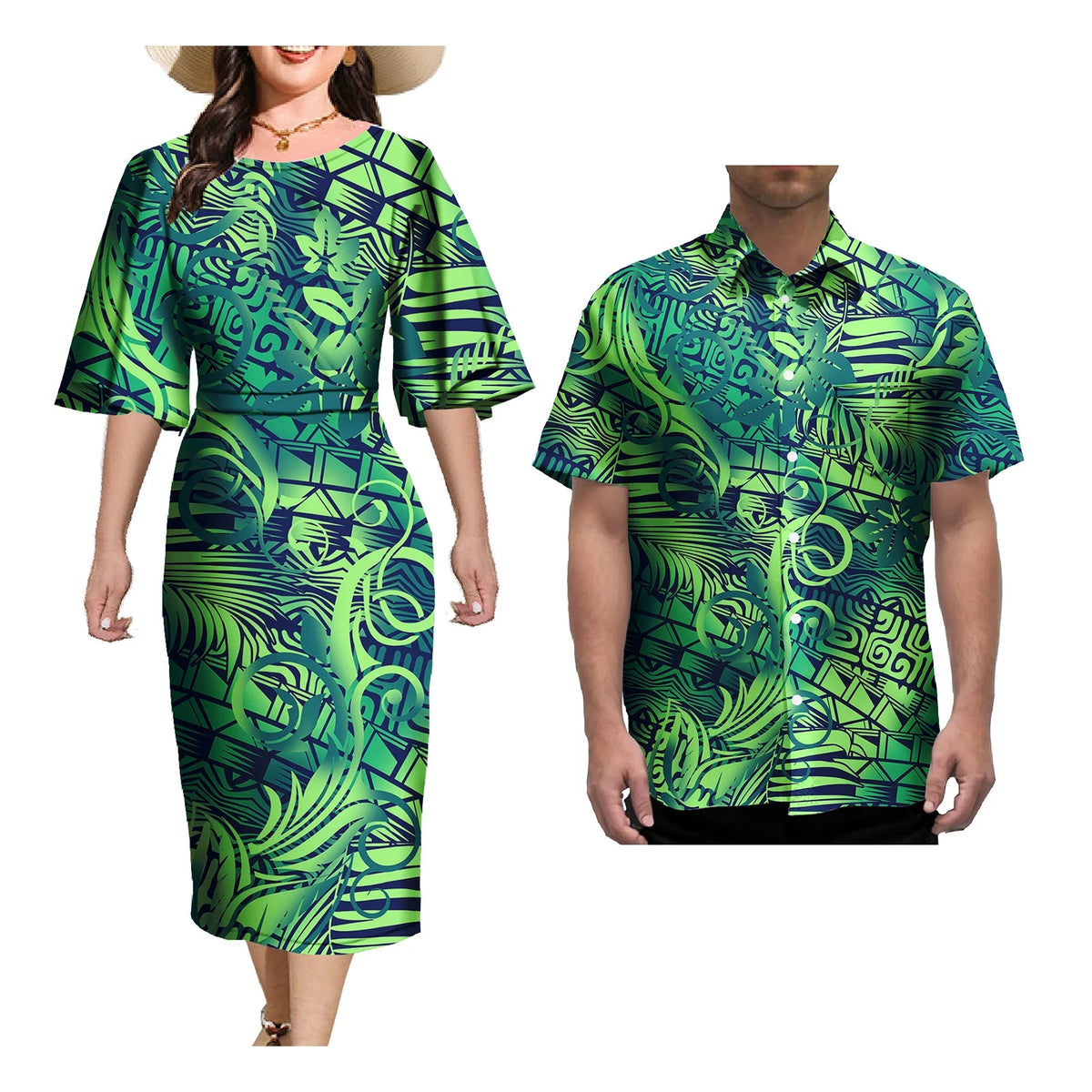 Couple Outfit Sets Elegant Dresses Women Sexy Skirt Samoa Tattoo Printed Polynesian Casual Dress Matching Men Shirts Good Vibrations