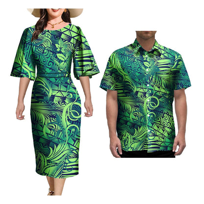 Couple Outfit Sets Elegant Dresses Women Sexy Skirt Samoa Tattoo Printed Polynesian Casual Dress Matching Men Shirts Good Vibrations