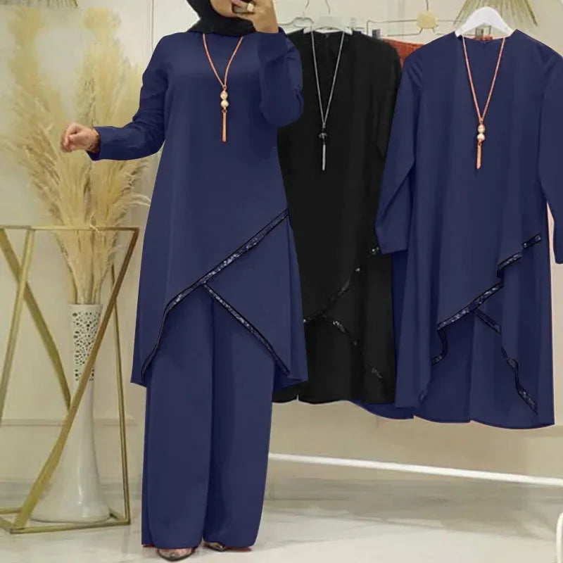 Women Eid Musulman Ensemble Muslim Sets Solid Blouses Wide Leg Pants Ramadan Morocco Two Pieces Dubai Kaftan Loose Modest Good Vibrations