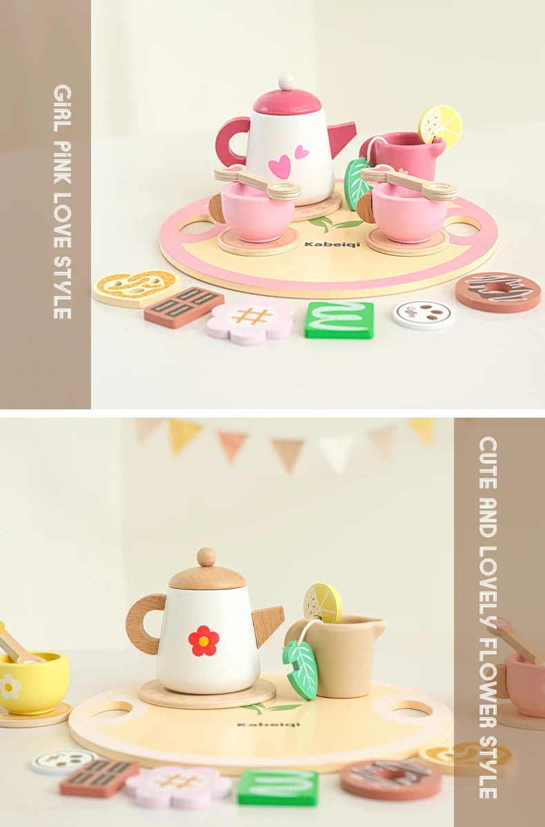 Wooden Kitchen Play Toys Kitchen Simulation Tea Set Afternoon Tea Activity Games Pretend Play Kitchen Accessories Toy for Kids Good Vibrations