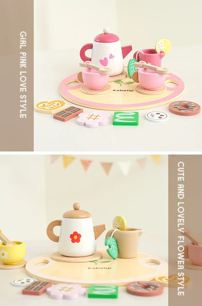Wooden Kitchen Play Toys Kitchen Simulation Tea Set Afternoon Tea Activity Games Pretend Play Kitchen Accessories Toy for Kids Good Vibrations
