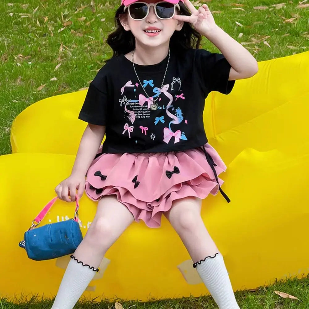 Outfits Y2K Bow Children Cake Skirt Set Pleated Teenagers T-shirt Skirt Suit Sweet Slim Fit Girls Clothes Set Summer Good Vibrations