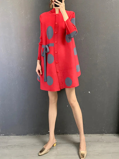 2025 Miyake Stand Collar Pleated Dress Autumn Single Breasted Drawstring Dot Printing Festival Clothing Women Elegant Good Vibrations