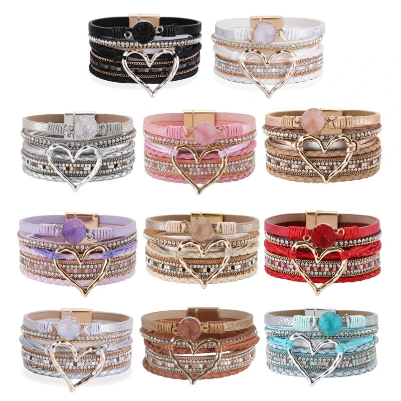 Bracelet for Women Bohomian Leather Wrap Multi-Layer Heart Bracelet Bangle Jewelry Gift Fashionable Wrist Accessory R3MC Good Vibrations