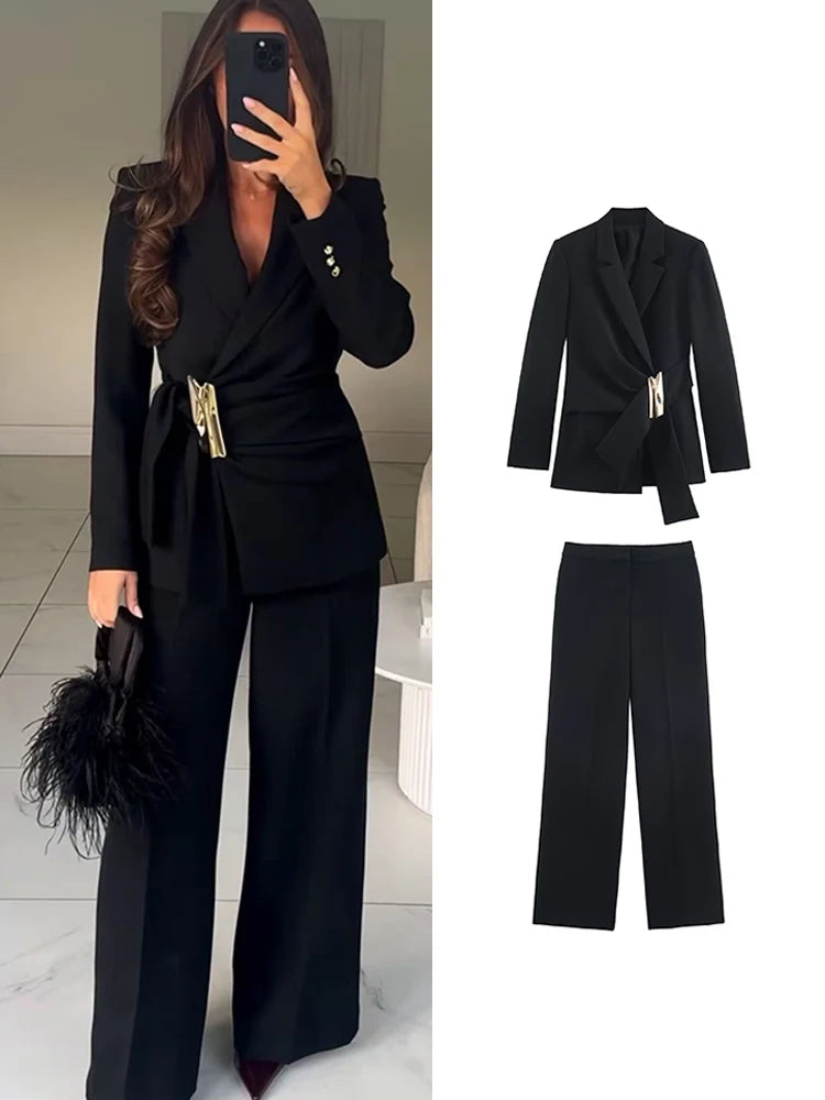 Women Pant 2 Pieces Set V-neck Buckle Decoration Blazer Coat High Waist Pants Female Chic New Office Ladies Fashion Outfits Good Vibrations