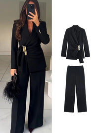 Women Pant 2 Pieces Set V-neck Buckle Decoration Blazer Coat High Waist Pants Female Chic New Office Ladies Fashion Outfits Good Vibrations