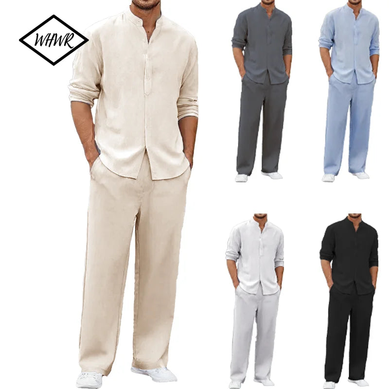 Men's Fall Casual Outfits Solid Color Henley Collar Long Sleeve Tops with Elastic Waist Pants Long Sleeve Pants Shirt Suit Good Vibrations
