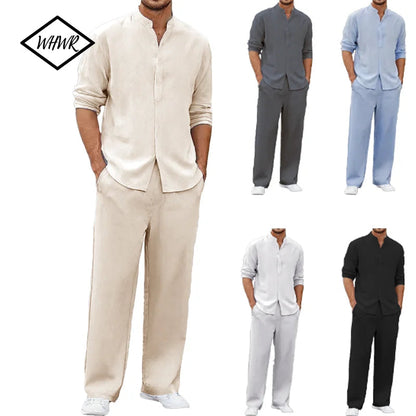 Men's Fall Casual Outfits Solid Color Henley Collar Long Sleeve Tops with Elastic Waist Pants Long Sleeve Pants Shirt Suit Good Vibrations