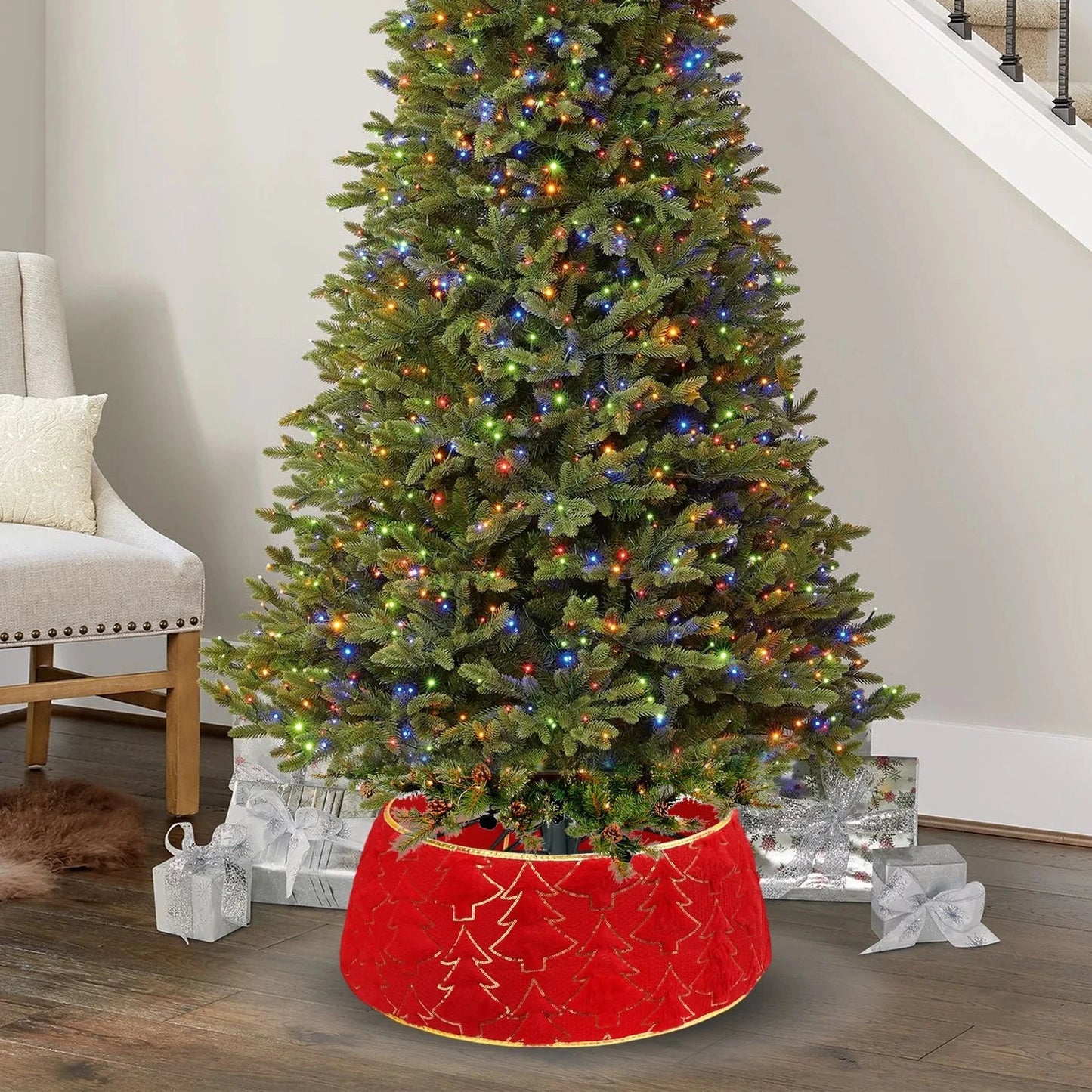 Christmas Tree Collar Red and Green Felt Decorations Tree Skirt Alternative Stereoscopic Tree Bottom Surrounder Party Display Good Vibrations