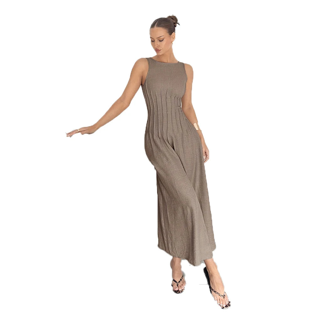 Elegant Women's Office Outfit: Sleeveless Waist-Cinched Long Dress for Sophisticated Money-Style Fashion Good Vibrations