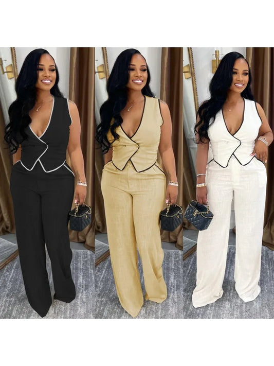 2 Piece Women Sets 2025 Summer Autumn New Arrival Matching Sets Black Color Two Pieces Sets Top Pants Suits Outfits Clothing Good Vibrations