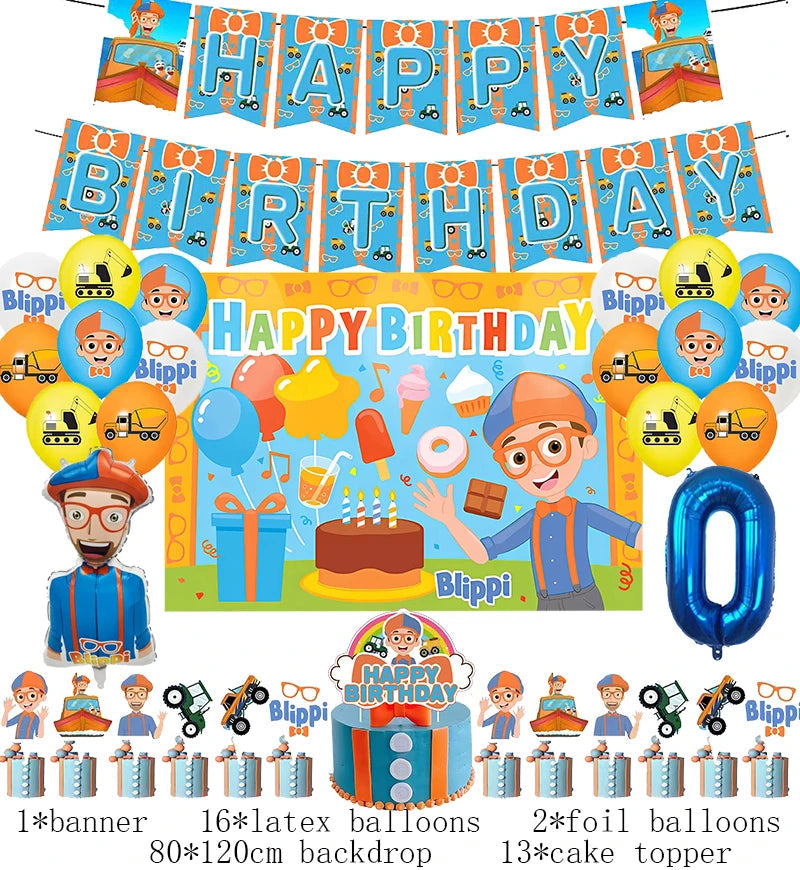 New Blippiing Birthday Party Decoration Foil Balloon Backdrop Banner Cake Topper Baby Birthday Party Supplies Good Vibrations