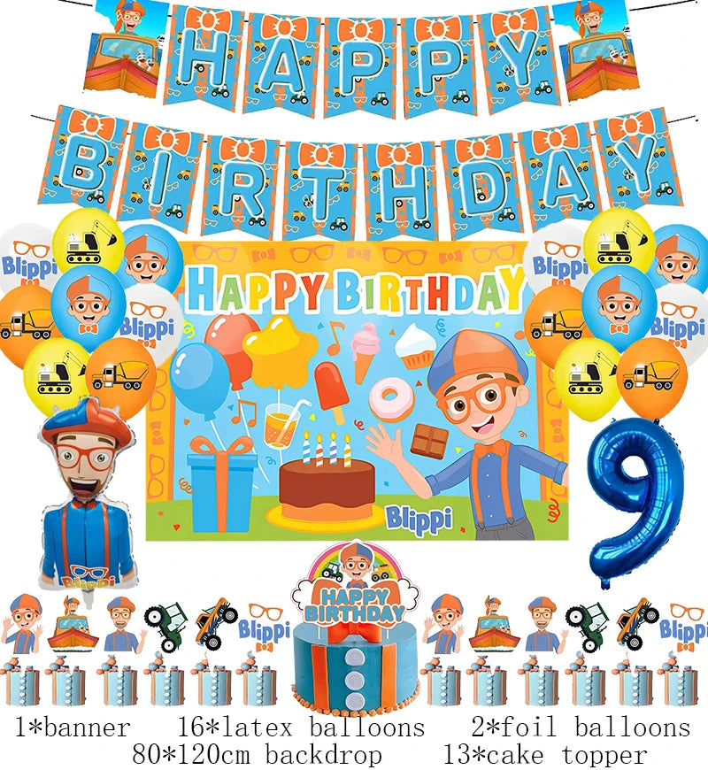 New Blippiing Birthday Party Decoration Foil Balloon Backdrop Banner Cake Topper Baby Birthday Party Supplies Good Vibrations