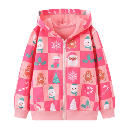 A long-sleeved hooded cardigan with cute Christmas prints for girls is perfect for outdoor casual wear, comfortable and fun Good Vibrations