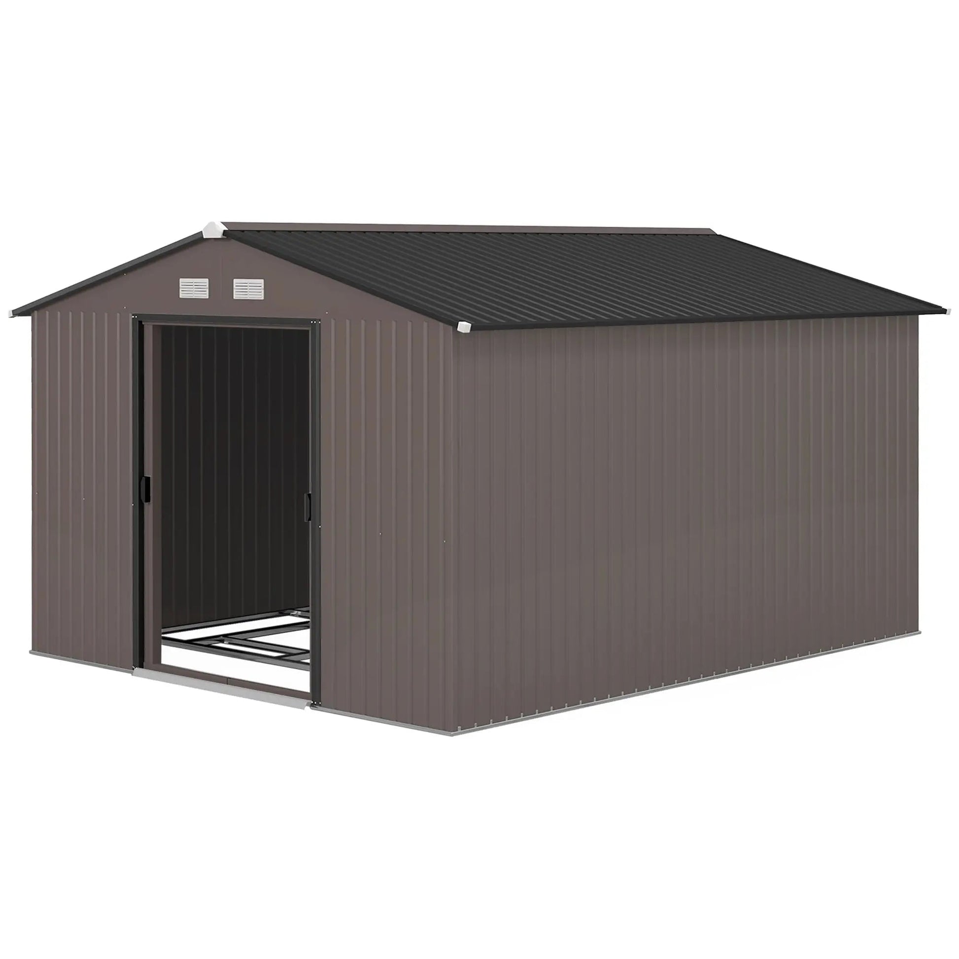 Outdoor Storage Shed 11x9 with Foundation Sliding Doors Vents Brown for Backyard Patio Good Vibrations