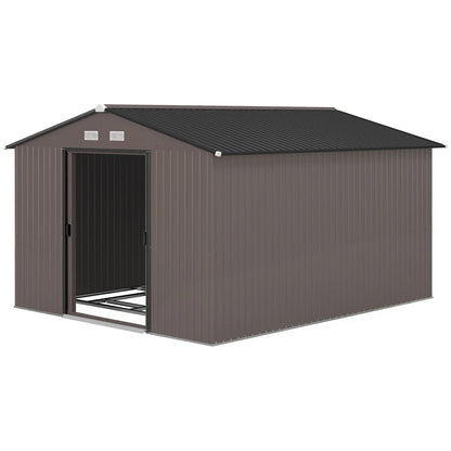 Outdoor Storage Shed 11x9 with Foundation Sliding Doors Vents Brown for Backyard Patio Good Vibrations
