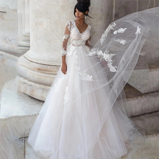 Wedding Party Dress For Women V Neck Full Sleeves Bridal Gowns Elegant A Line Botton For Women Customize  Measure Stunning